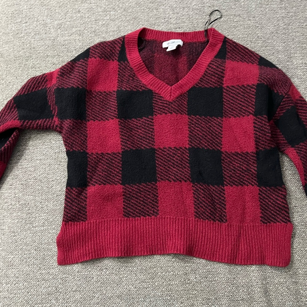 William Rast Red and Black Checkered V-Neck Sweater